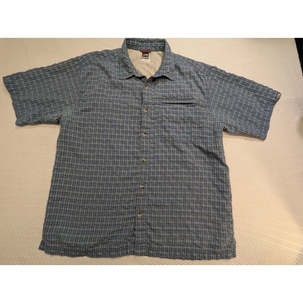 The North Face Mens Large Blue Plaid Short Sleeve Vented Hiking Fishing Shirt